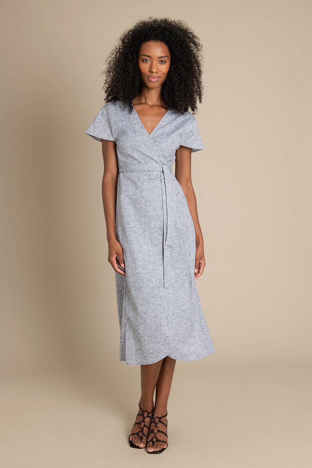 Dalitso Maxi Wrap Dress in Blue Melange Linen | Fair trade and sustainable  fashion clothing UK